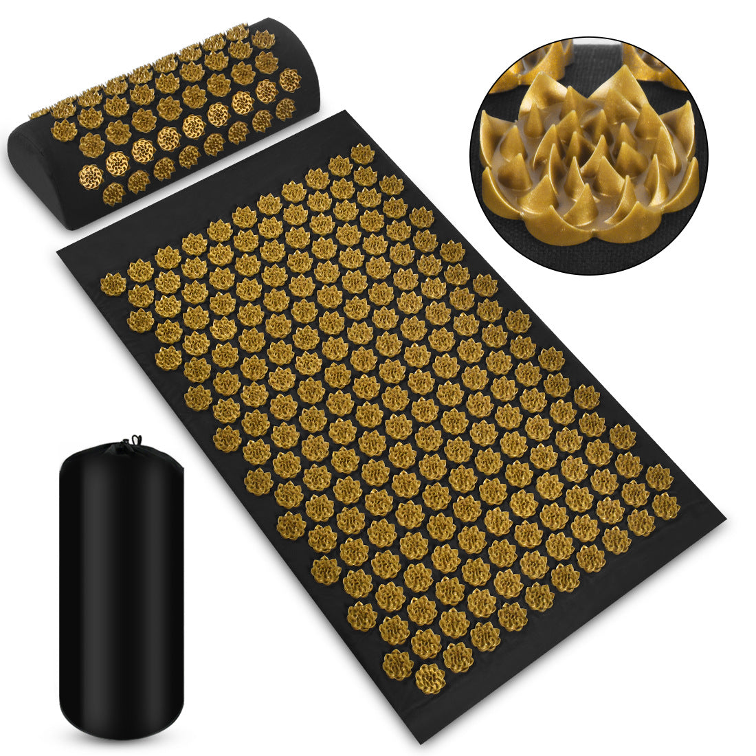 Akupressurmatte Schwarz-Gold mit Nackenkissen und Aufbewahrungsbeutel