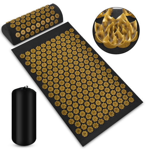 Akupressurmatte Schwarz-Gold mit Nackenkissen und Aufbewahrungsbeutel