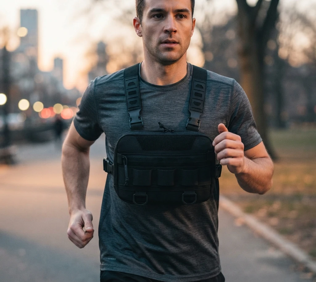 Läufer mit HALLWERK Lauf-Brusttasche in der Stadt